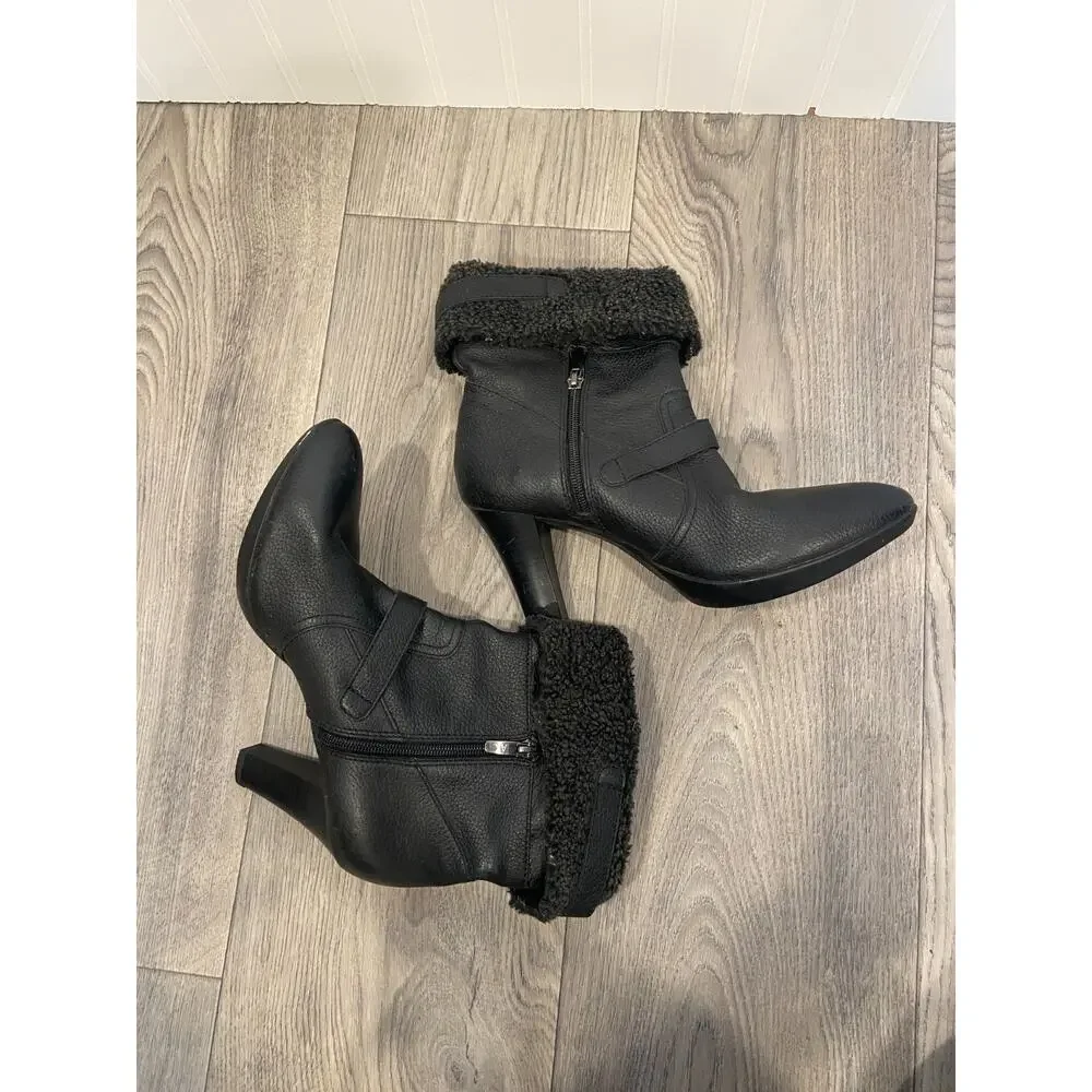 Anne Klein Boots Women's 8.5 Black Leather Ankle Shearling Side, Preppy